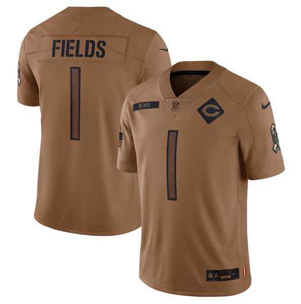 Men's Chicago Bears #1 Justin Fields 2023 Brown Salute To Service Limited Football Stitched Jersey Dyin